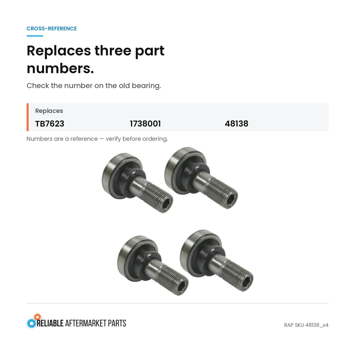 48138 TB7623 Tine Bar Bearing Set of 4 Fits New Holland Vermeer Hay Rake