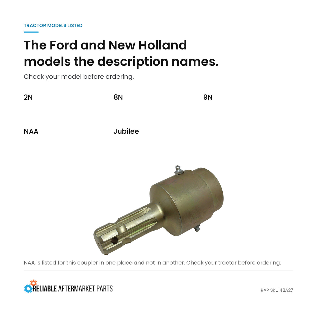Over-Running Coupler Fits Ford Tractor 2N 8N 9N Jubilee 1 1/8"-1 3/8" 6 Spline