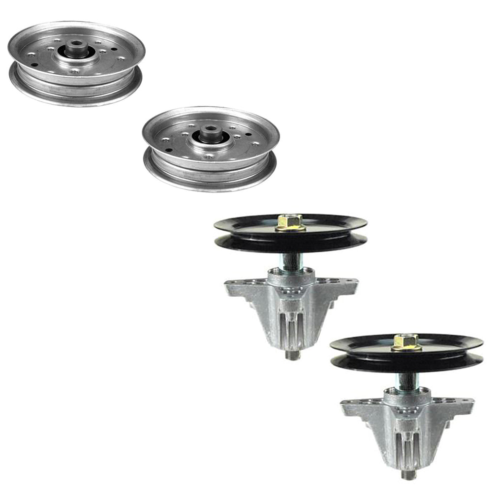 2 Mower Deck Spindles & 2 Flat Idler Pulleys Fits MTD Replaces 618-04636