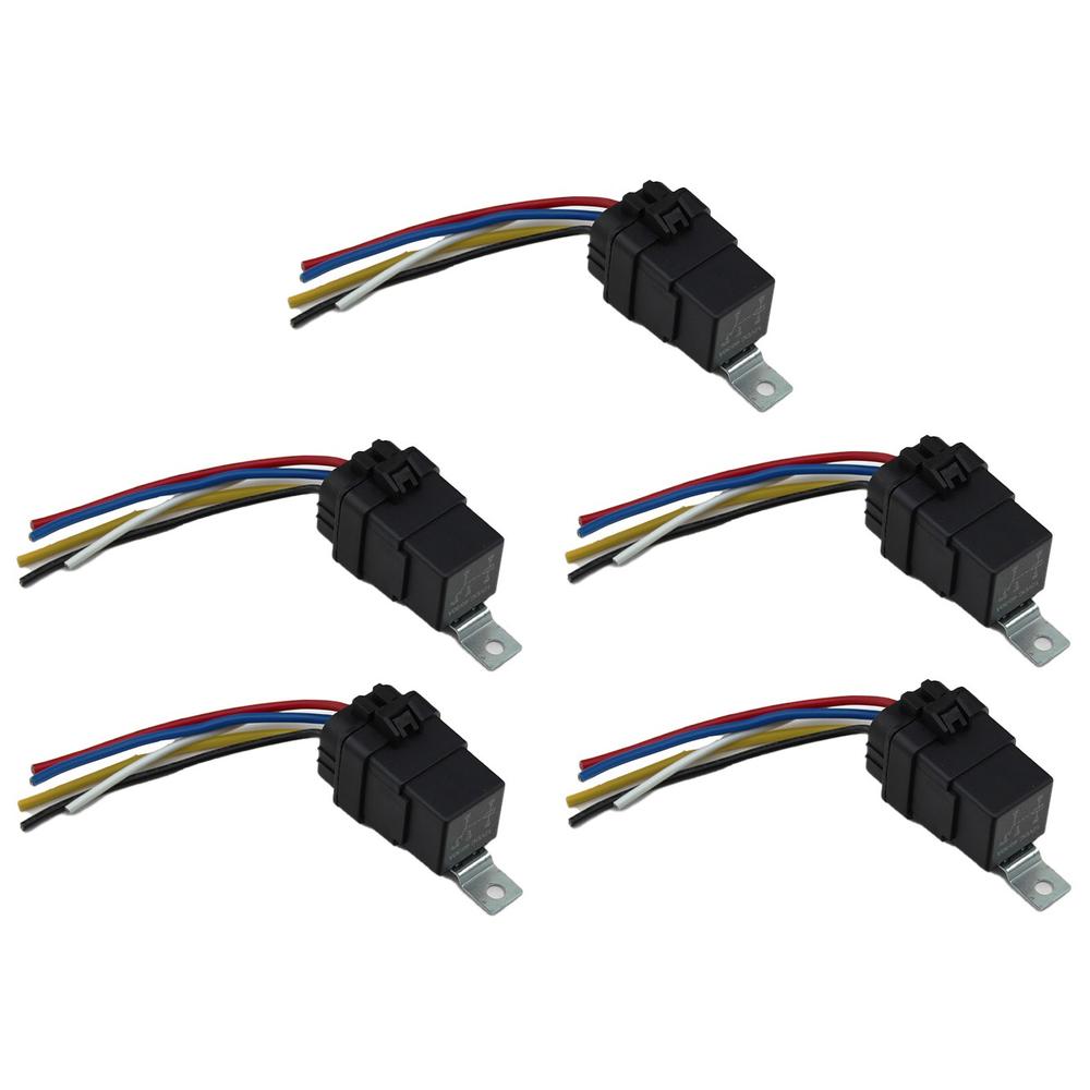 5 Pack - 5 Terminal Weatherproof Relay 12 Volt with Sealed Wiring Harness 30 Amp
