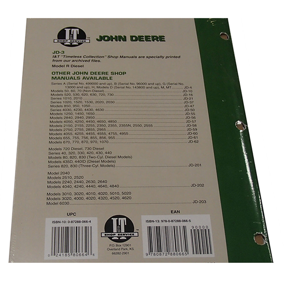 JD-3 I&T Shop Service Manual Fits John Deere Model R Diesel