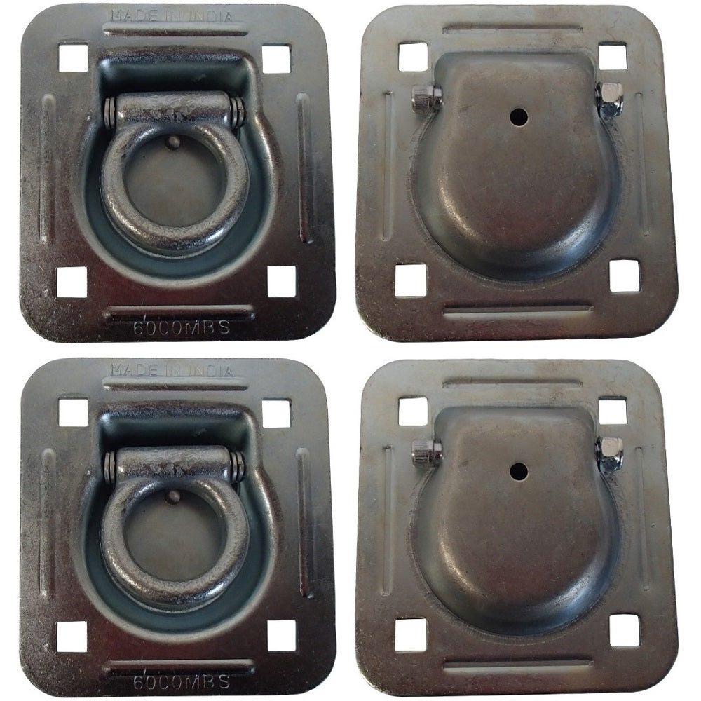 4 Pack Chain Rope Tie Down Trailer 4-Bolt Steel Recessed D-Ring 6000# MBS Rated