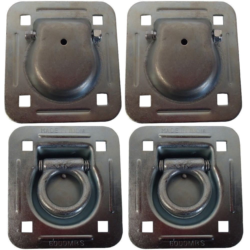 4 Pack Chain Rope Tie Down Trailer 4-Bolt Steel Recessed D-Ring 6000# MBS Rated