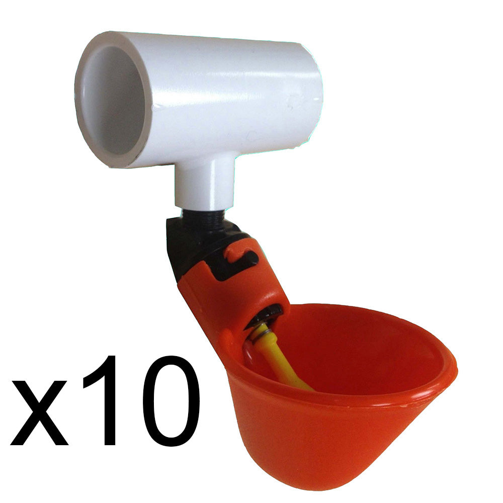 Ten (10) Automatic Watering Drinker Cups and PVC Tee Fittings Chicken Poultry
