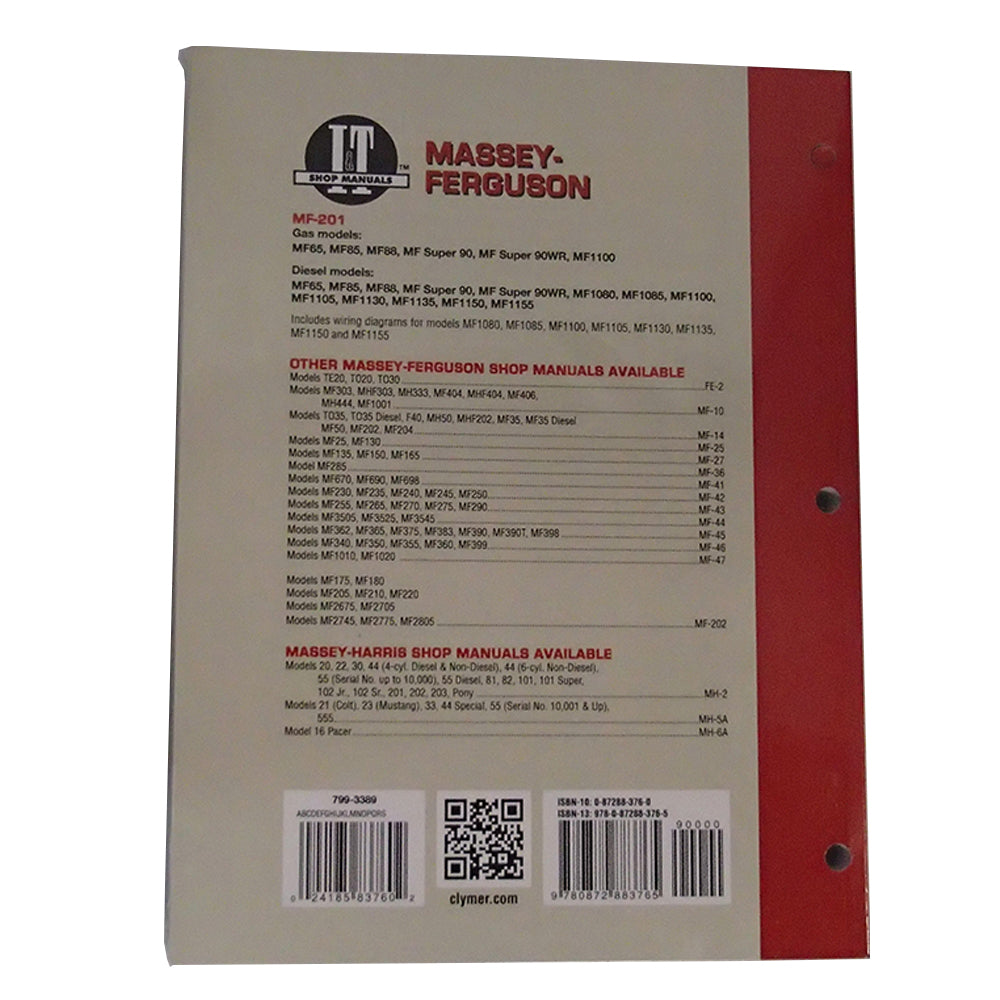 Shop Manual I&T MF-201 Fits Massey Ferguson 1080 1085 1100 1105 1130 1135 1150 6
