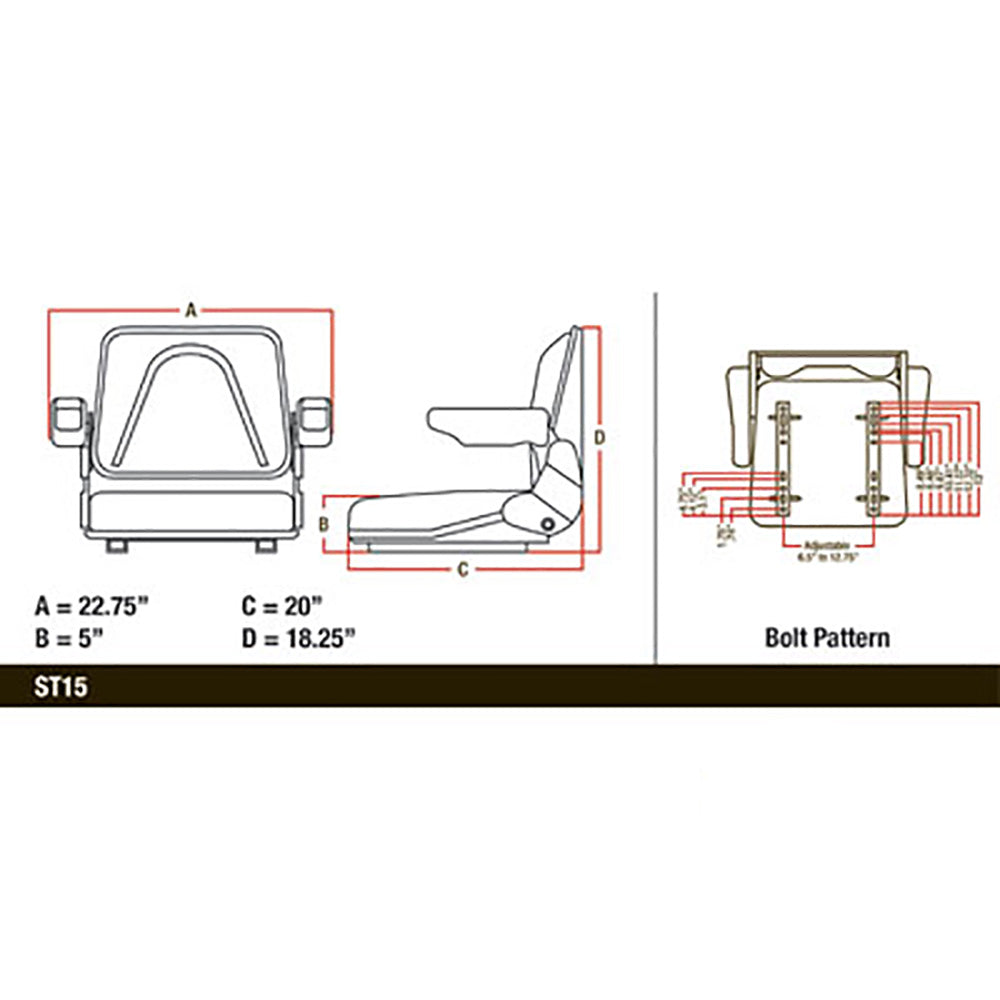 Universal T500BL Tractor Seat w/Slide Tracks Fits Kubota Fits Bobcat Fits Ford F